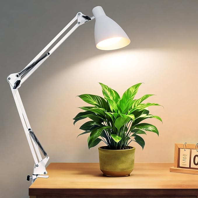 Led Desk Lamp for Home Office - Adjustable Gooseneck Table Stand with Clamp 5 Color Modes and 10 Brightness for Architect Puzzle Light Reading Craft Computer Work Study Sewing(White)