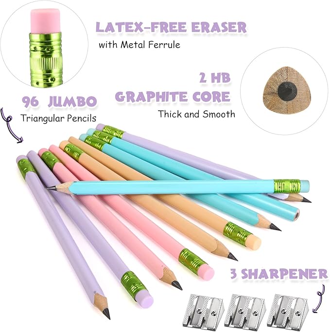 Fainne 102 Pieces Jumbo Pencils Set for Kids Toddlers 96 Thick Fat Large Pencils with Erasers 6 Sharpeners Bulk for Preschool Kindergarten Elementary School Classroom(Macaron Colors,Triangle)