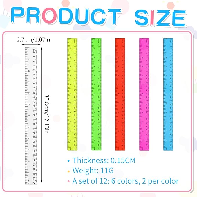 12 Pack Color Transparent Ruler Bulk 12 Inch Clear Plastic Rulers Kids Ruler with Centimeters and Inches Straight Measuring Drafting Tools for Classroom School Students Families Education