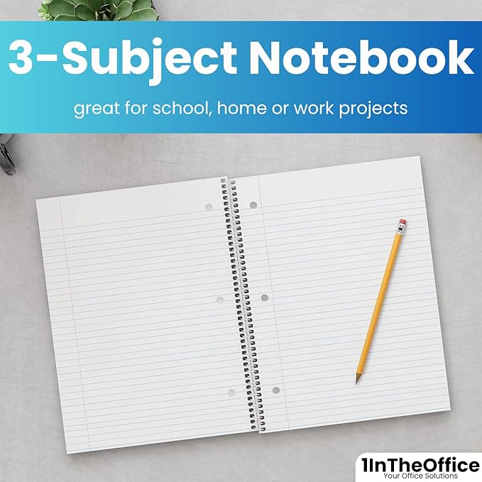1InTheOffice Spiral Notebook College Ruled 8.5 x 11, 3-Subject College Ruled Notebooks, Wirebound Spiral Notebooks, 3-Hole Punched, 120 Sheets, Black, 4 Pack