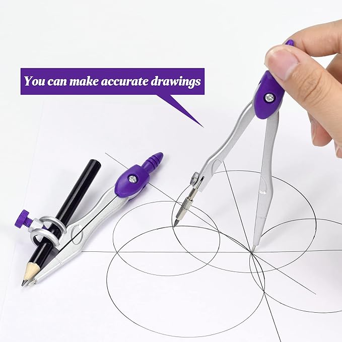 Vobou Math Geometry Kit Sets 10 Piece Student Supplies with Shatterproof Storage Box,Includes Rulers,Protractor,Compass,Eraser,Pencil Sharpener,Lead Refills,Pencil,for Drafting（Purple）