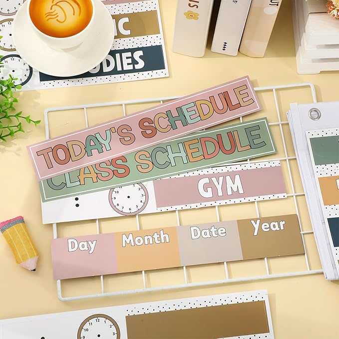 JarThenaAMCS Modern Boho Daily Schedule Pocket Chart 13 x 35.5 In Back to School 13 + 1 Pocket Visual Schedule Chart Board with 24 Card for Home Classroom Office Supplies