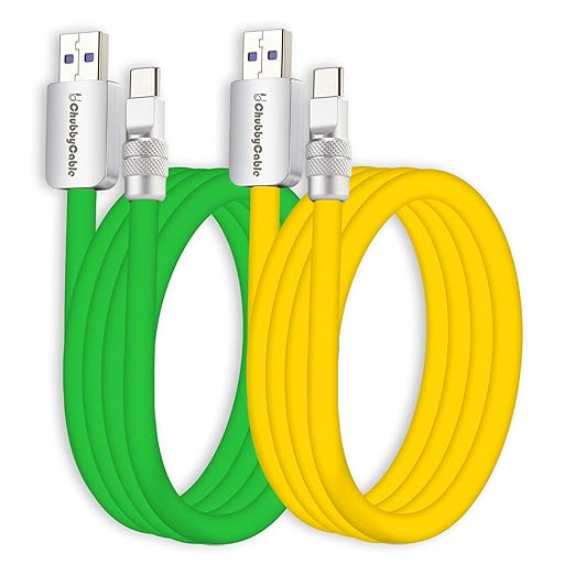 chubbycable Couple Chubby 2 Pack 120W USB C Cable Extra Thick Silicone Fast Charging Cable Compatible with iPhone 17-15 Series iPad Galaxy Series, Green+Yellow, USB-A to Type-C, 19.6FT