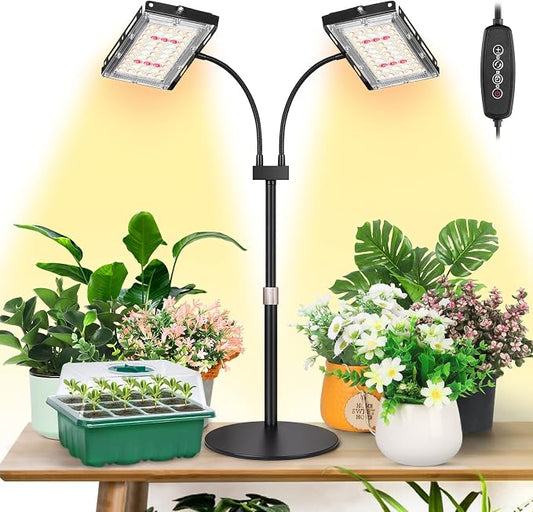 LBW Grow Light for Indoor Plant,Full Spectrum Dual Heads Desk Plant Light | 3H/6H/12H Timer Grow Lamp,6-Level Brightness, 3 Lighting Mode, Height Adjustable, Flexible Gooseneck, Ideal for Indoor Growth