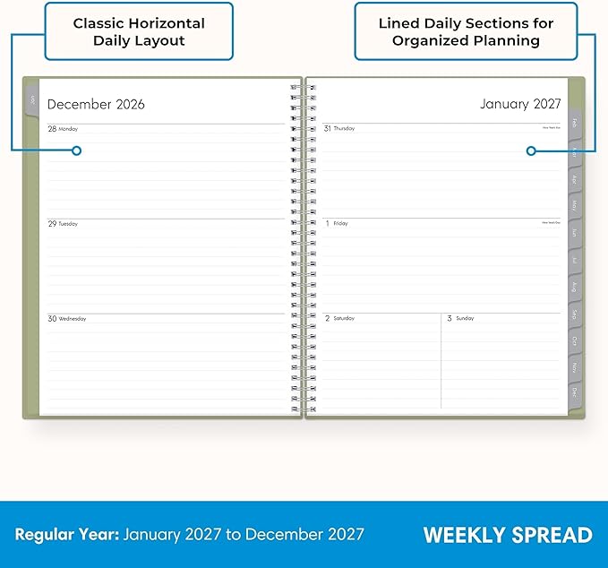 Blue Sky 2027 Weekly and Monthly Planner Calendar, Includes January 2027 - December 2027, 8.5" x 11", Flexible Cover, Wirebound, Laminated Tabs, Storage Pocket, Enterprise Sage Green