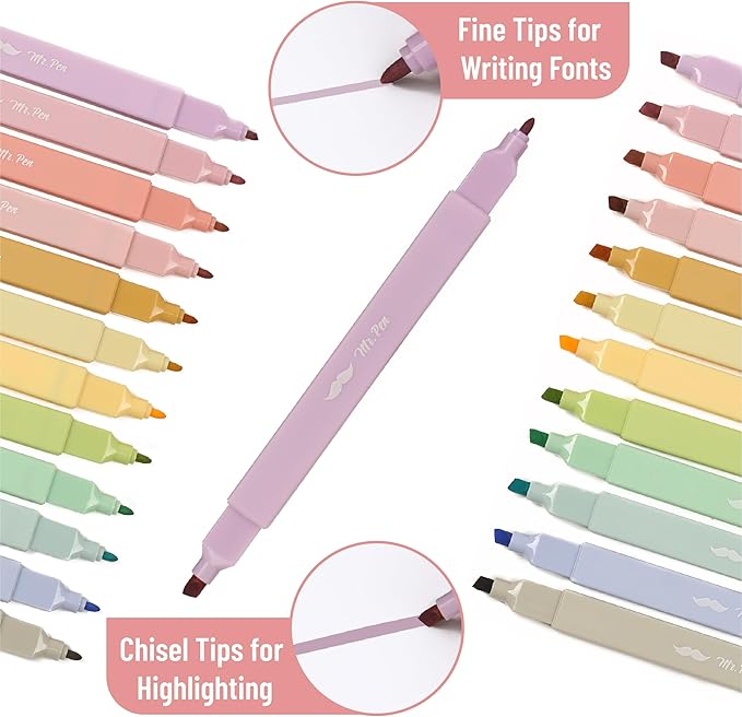 Mr. Pen- Dual Tip Aesthetic Highlighters, 12 pcs, Chisel & Fine Tip, Cute Highlighters Assorted Colors for Journaling, Highlighting, Underlining, Fast Dry, Back to School Supplies