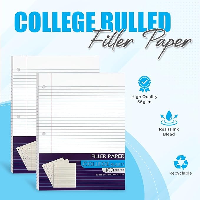 Notebook Paper College Ruled, Loose Leaf Paper College Ruled Notebook Paper Bulk, Lined Filler Paper for 3 Ring Binders -10.5 X 8”, for College, School Classroom - 100 Sheets/Pack (Bulk Buy - 48 Pack)