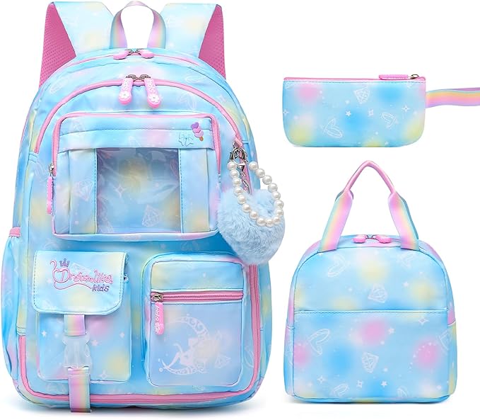 Alrisg Girls Backpack for Kids Elementary Middle School Cute Student Bookbag School Bag Blue Set
