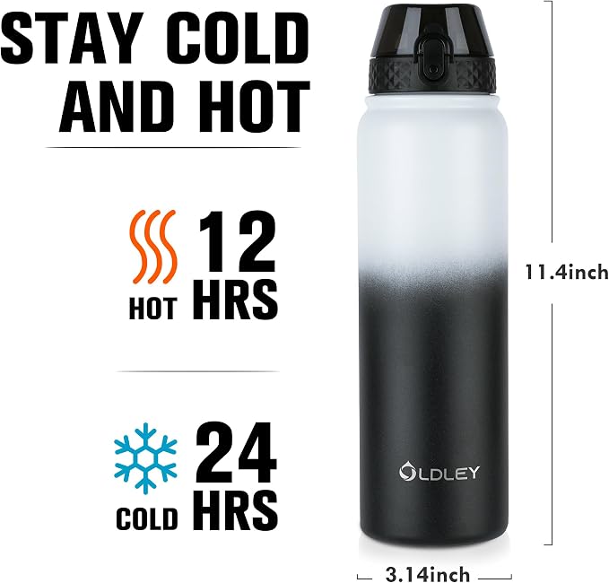 Oldley Insulated Water Bottle 32oz Water Bottles with Straw, Stainless Steel Water Bottle with 3 Lids, Double Wall Vacuum Thermo for Adults Kids,Leak-Proof Sport Bottles for School Travel, White Black