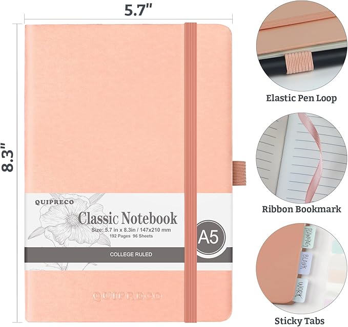 Lined Hardcover Journal Notebook, A5 192 Pages 100Gsm Thick Paper College Ruled for School,Note Taking,Work,Diary，5.7''*8.3'',Blush
