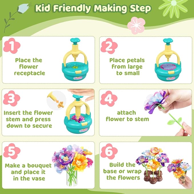 Flower Bouquet Making Kit for Kids Ages 4-8—DIY Arts and Crafts Toy, Build Your Own Flower Arrangement, Flower Press Craft Kit, Handmade Bouquet Birthday Gift for 3 4 5 6 7 8 9 Year Old Girls-[Blue]