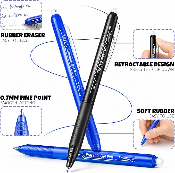 sunacme Retractable Erasable Gel Pens, 6 Black & 6 Blue Fine Point Erasable Pens Clicker, Make Mistakes Disappear, Perfect for Drawing, Writing, Planner & Crossword Puzzles (0.7mm, Pack of 12)