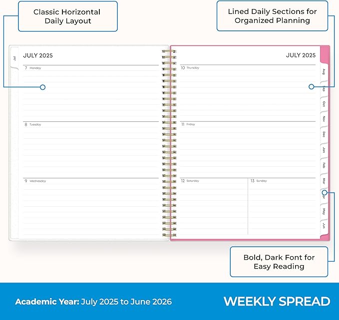 Blue Sky 2025-2026 Weekly and Monthly Academic Year Planner Calendar, July 2025 - June 2026, 8.5" x 11", Flexible Cover, Wirebound, Storage Pocket, Laminated Tabs, Roosevelt Pink