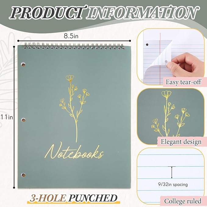 MotiMind 3 Pack 8.5" x 11" Top Spiral Notebook with 3 Hole Punched Gold Stamping Legal Pads College Ruled Notepad 50 Sheets Hard Cardboard Paper Wirebound Notepad for Office School Business