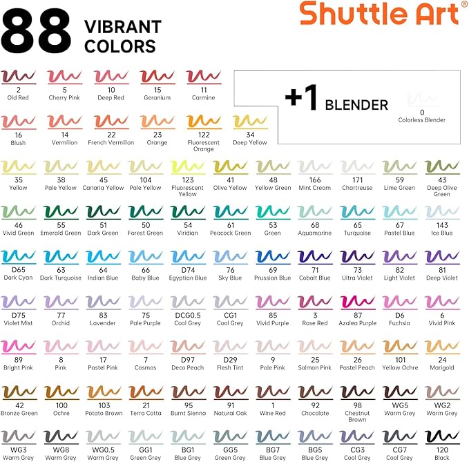Shuttle Art Brush Tip Alcohol Markers, Dual Tip Brush & Fine Tip Art Marker Set, 89 Colors Marker Pens with Organized Case Perfect for Illustration Students Adults Coloring Sketching