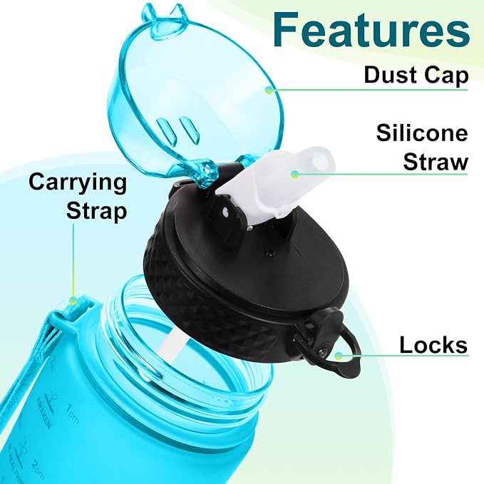24 OZ Motivational Kids Water Bottle With Time Marker,Straw Lid,Leak Proof, Tritan BPA Free Sports Water Bottle Blue-Yellow(1 Lid)