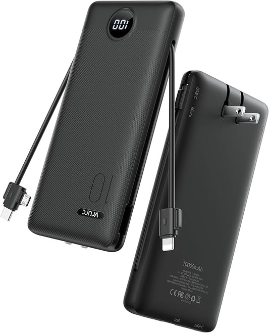 VRURC Portable Charger Power Bank - 10000mAh Fast Charging PD 20W with Wall Plug Slim Portable Charger Built in Cables USB C Portable Phone Charger Travel Accessories -Black(1 Pack)