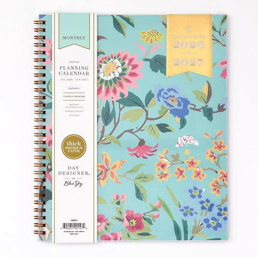 Blue Sky Day Designer 2026-2027 Monthly Academic Year Planner Calendar, July 2026 - June 2027, 8" x 10", Monthly Layout, Flexible Cover, Wirebound, Laminated Tabs, Climbing Floral Mint