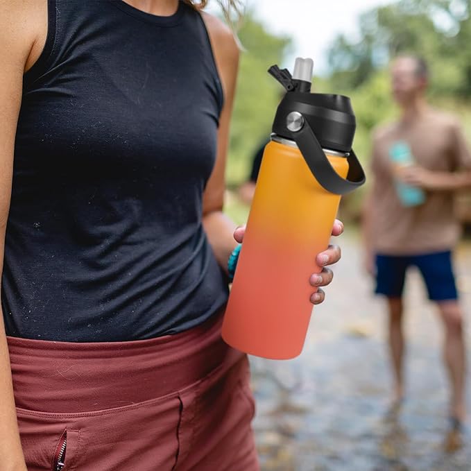Fijinhom 24oz Insulated Stainless Steel Water Bottle, Wide Mouth Double Wall Vacuum, Silicone Straw, Sweat & Leak Proof, BPA Free Insulated Water Flask for Travel, Keep Cold 24h Hot 12h, Orange