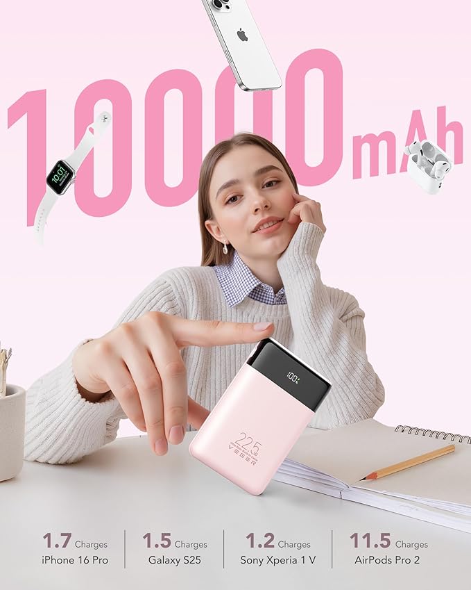 VEGER 22.5W Fast Charging Portable Charger, Slim 10000mAh Power Bank with Built-in Cables, Small USB C Battery Pack for iPhone iPad Samsung Galaxy Pixel LG Moto, Flight Safe, Travel Essential, Pink