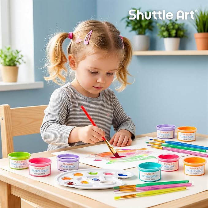 Shuttle Art Washable Finger Paint, 44 PCS with 36 Colors (1 fl oz) Toddler Paint, Paint Brushes, Palette, Non-Toxic Finger Painting for Toddlers