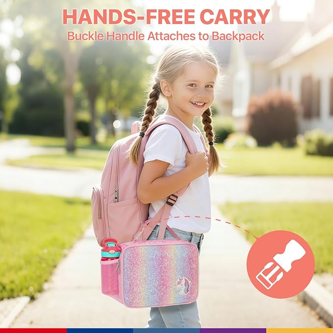 Bagseri Kids Lunch Bag Girls - Thermal Insulated Lunch Box Tote with Water Bottle Holder, Reusable Leak-Proof Kids Lunch Box for Daycare & School, Glitter Pink Unicorn (Containers Not Included)