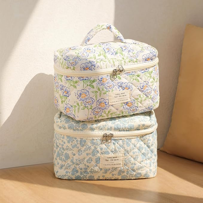 uekeboag Large Travel Quilted Makeup Bag for Women | Soft Floral Cotton Cosmetic Bag, Foldable Coquette Aesthetic Toiletry Organizer