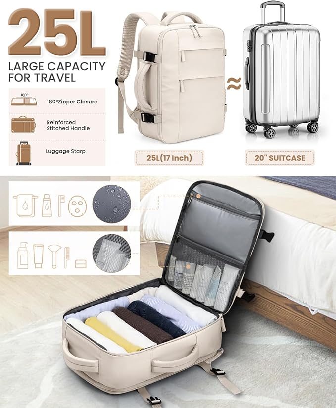 Pritent Travel Backpack for Women Man, Waterproof Laptop Backpack Travel Bag Airline Approved Carry on Weekender Overnight Bag Bookbag for Business,Travel, Work Fits 17.3 inch Laptop(Large,Beige)