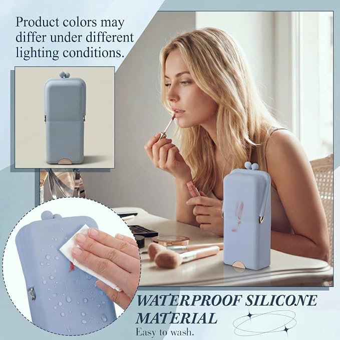 Kacctyen Makeup Brush Case Silicone Standing Makeup Brush Holder,Light Blue | Silicone Make up Travel Bag with Suction Portable Cosmetic Organizer Phone Stand Pouch for Travel Home Back to School Use
