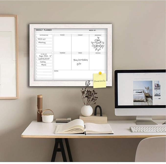 White Board Weekly Calendar Dry Erase Planner for Wall-16"X12",White Solid Wood Frame,Minimal/Modern Design, Magnetic Whiteboard Planner for to Do List, Memo, School, Home, Office, Kitchen