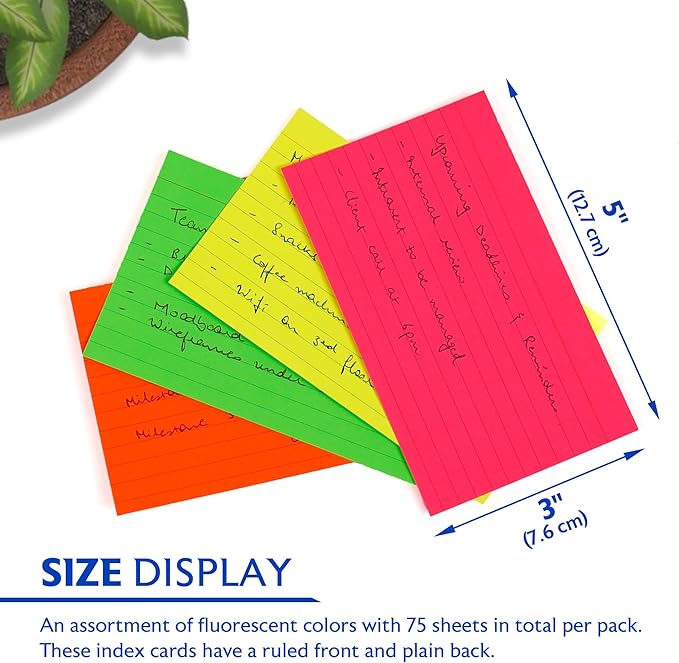 BAZIC 75 Count 3" X 5" Ruled Fluorescent Colored Index Card (596)