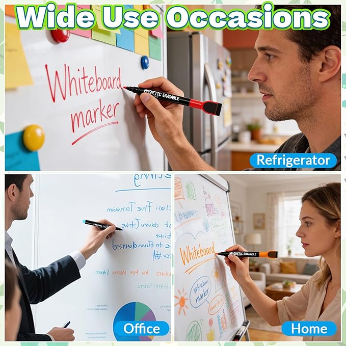 12 Pcs Dry Erase Markers, Black Magnetic Erasable Whiteboard Markers, 1 mm Fine Tip Dry Erase Marker with Eraser, Low Odor Thin Markers for Glass Whiteboards Mirrors Calendar Office