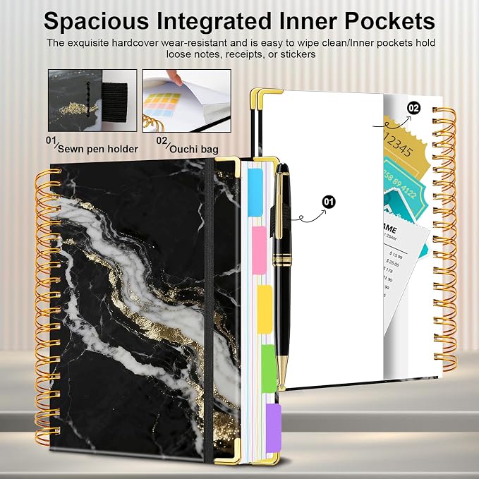 Spiral Journal Notebooks for Work, 300 Pages 5 Subject Notebook College Ruled with Dividers & Tabs, A5 Notebook Journal for Women Students Note-Taking and Organizer (Midnight Marble)