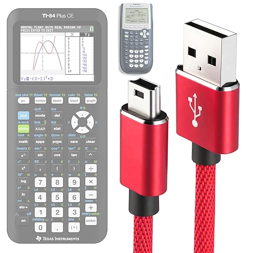USB Power & Data Cable for TI-84 Plus CE Graphing Calculators, Mini-USB Charging Cord 3.3FT, Nylon Braided, Red