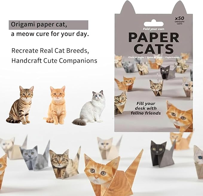 New 2026 DIY Paper Cat Origami Kit 50 Sheets DIY Origami Paper to Fold Cute Cat Figures Desk Decoration & Gift for Cat Lovers
