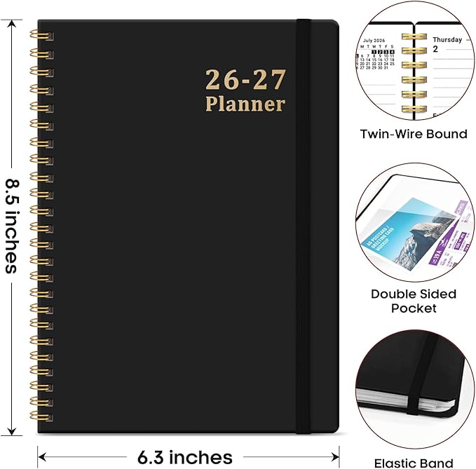 Planner 2026-2027, 6.3" x 8.5" Weekly and Monthly Academic Year Planner Calendar, July 2026 - June 2027, Hardcover Large School Planning Agenda With Tabs, Perfect for School & Office Supplies, A5, Black
