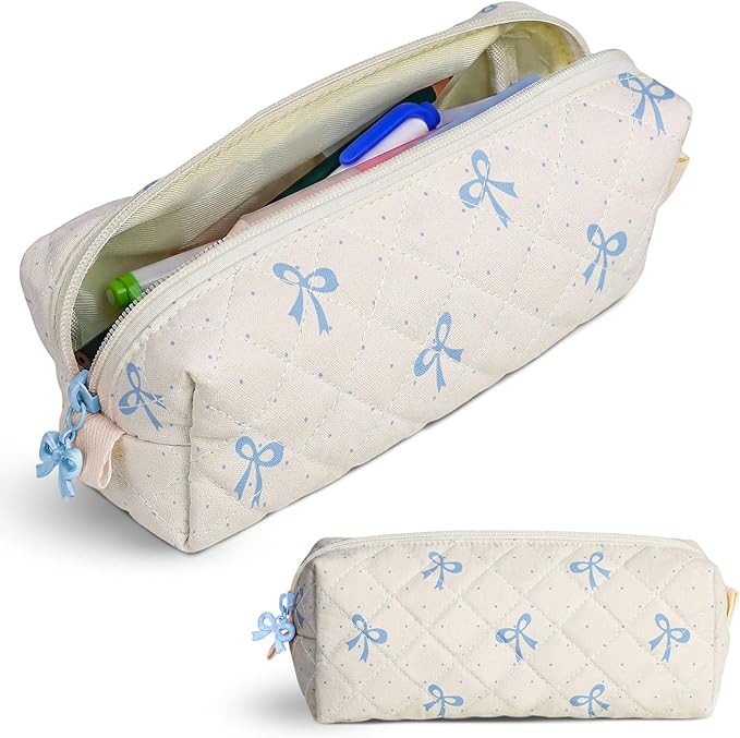 Cute Quilted Pencil Case for Girls Women, Aesthetic Small Floral Pencil Pouch,Slim Soft Pencil Bag for School Supplies Makeup Pouch for School & Daily Use (Blue Mini Bow)