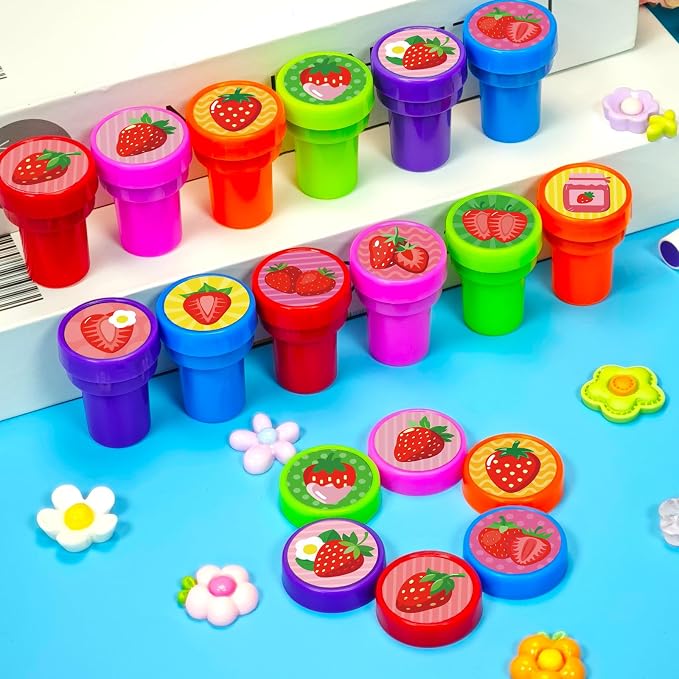 Cinrobiye 24 Pcs Strawberry Stampers Party Favor Set, Cute Fruit Stamps for Kids Birthday Party, Classroom Rewards, Carnival Prizes, Goody Bag Fillers, Berry Sweet Party Supplies