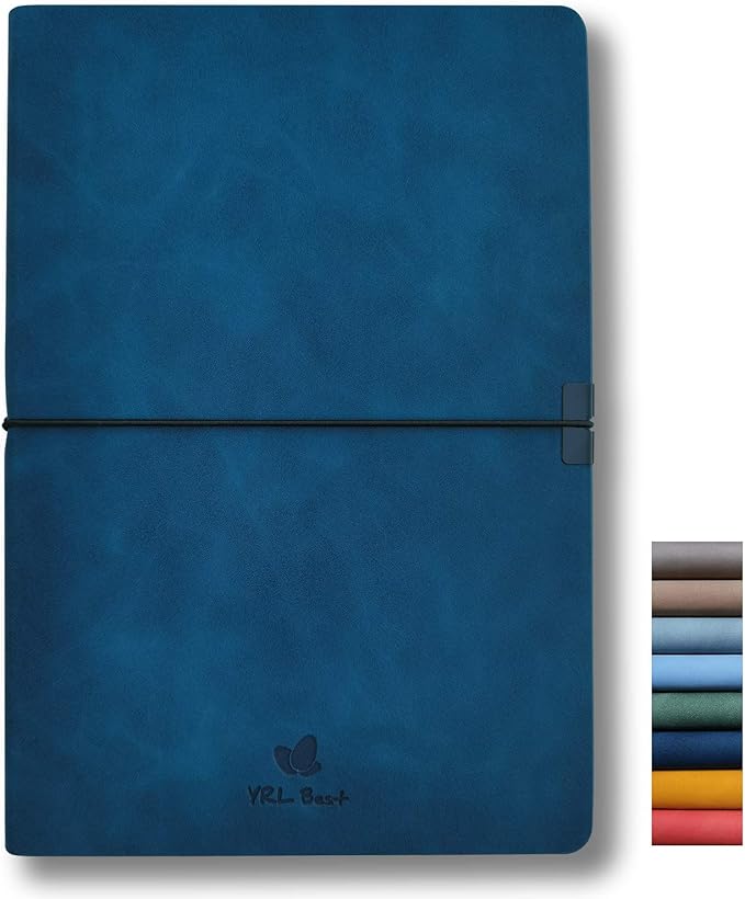 Softcover Bullet Notebook Journal, Dotted/Dot Grid, A5, 5.8x8.3 Inches, Premium Faux Leather, Creamy Thick Paper, Sewn Bound, Elastic Band, Inner Pocket, Pen Loop, Lays Flat, Navy Blue