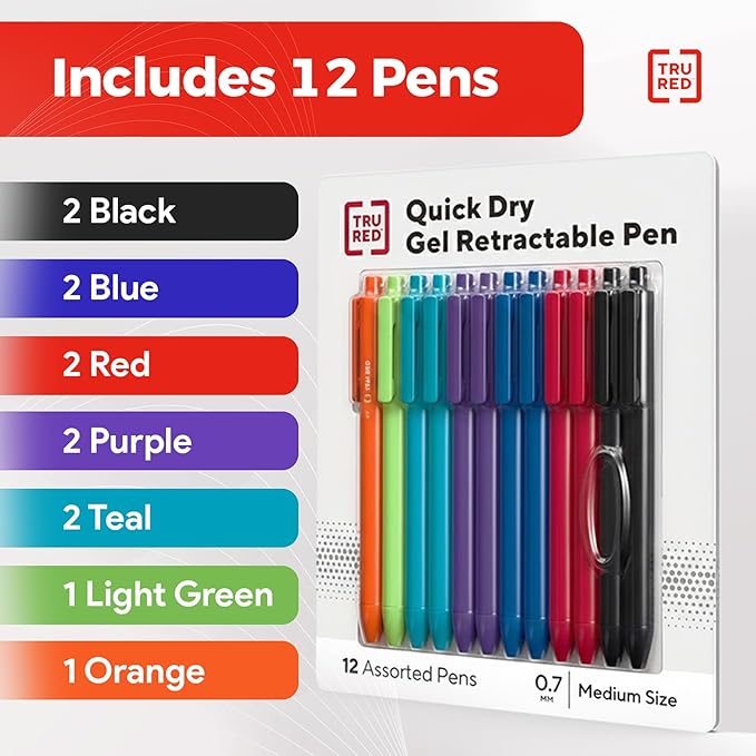 TRU RED Retractable Gel Pens, Medium Point 0.7mm, Assorted Ink Colors, 12 Pack – Quick‑Dry Pens for Smear‑Free Writing