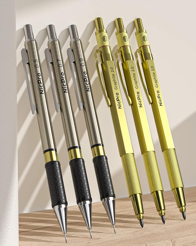 Nicpro 30PCS Art Mechanical Pencils Set in Leather Case-Gold | Metal Drafting Pencil 0.5/0.7/0.9/2mm Lead Pencil Holder for Sketching Drawing With 252 (6b 4B 2B HB 2H 4H Color) Lead Refill
