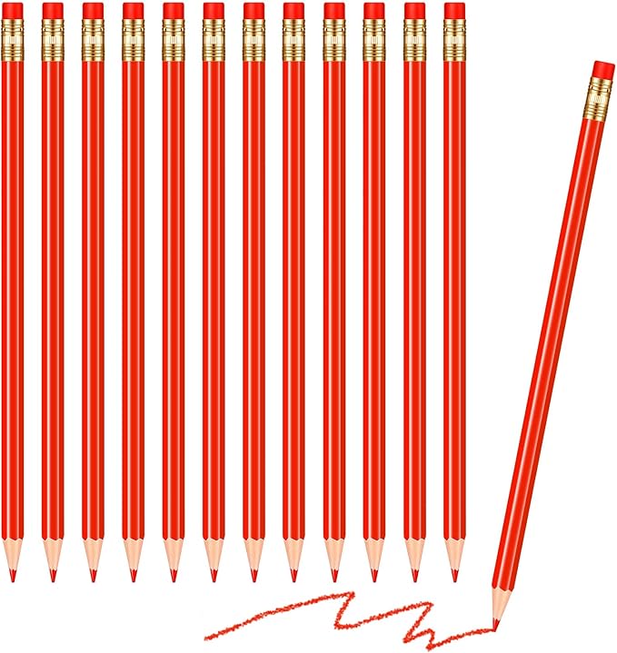 Chinco 12 Pieces Red Pencils with Eraser for Kids HB Erasable Pencils Pre-sharpened Wooden Pencil Correcting for Students School Writing Drawing Checking