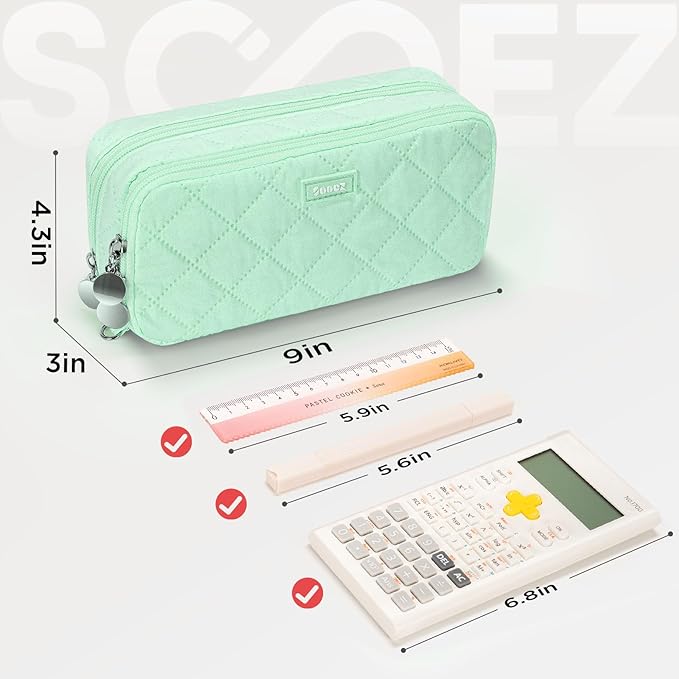 Sooez Large Pencil Case Pouch, Extra Big Pencil Bag with 8 Compartments, Pen Bag Wide Opening, Soft Quilted Pencil Pouch Organizer with Zipper, Portable Pencil Case for Teen Girls, Green