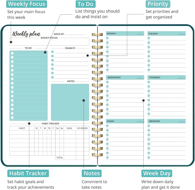 Taja Undated Weekly Planner, Weekly To Do List Notebook with Goal & Habit Tracker Organizer, A5 Weekly Planner Notebook with Spiral Binding, 6.1" x 8.2" - Pine Emerald
