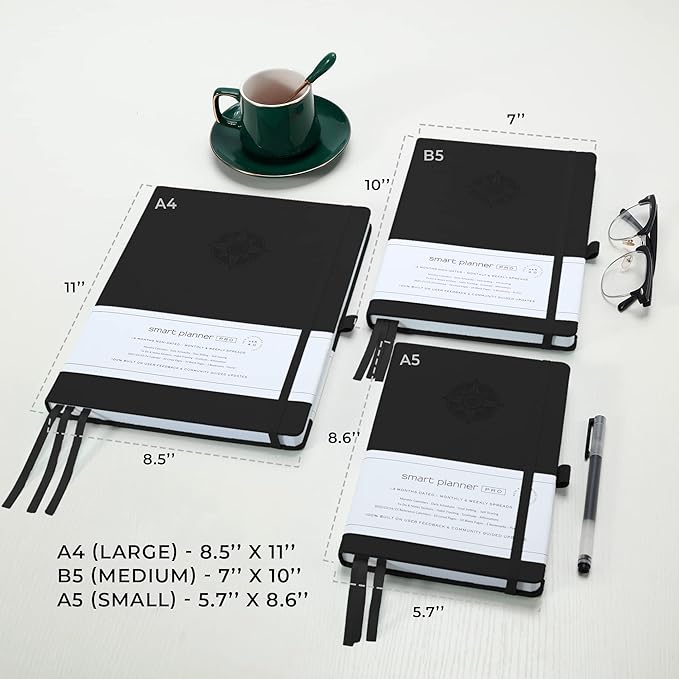Smart Planner Pro – Undated Daily Planner – Large A4 – Achieve Goals & Increase Productivity with Weekly, Monthly, Work Sections - Organizer Diary with Back Pocket, 3 Satin Bookmarks & Pen Holder