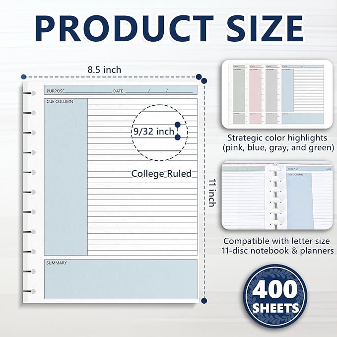 400 Sheet 11-Disc Cornell Notes Loose Leaf Paper 8.5×11 Inch for Discbound Planner Letter Size College Ruled Cornell Note Notebook 9/32" Spacing Taking System Filler Paper for School Office 80gsm