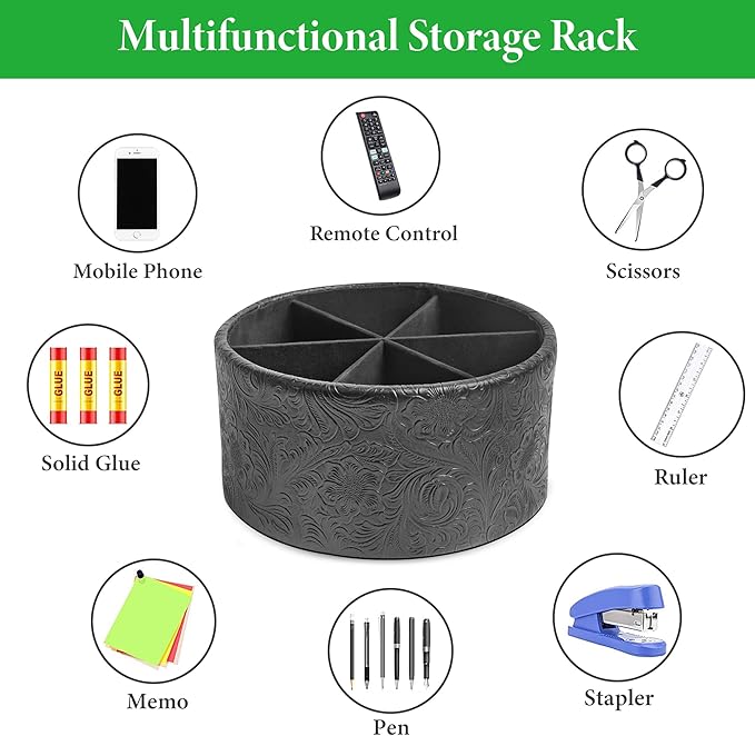 Remote Control Holder, 360°Spinning PU Leather Desk TV Remote Caddy,Desk Storage Box Room Accessories for Controller, Media,Mail,Calculator, Mobile Phone,Pencil(1-Carved Black)