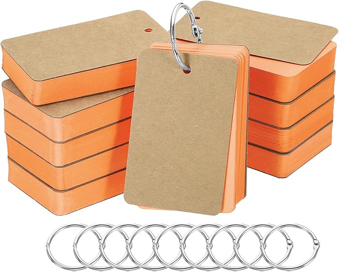 PATIKIL Blank Index Cards with Ring, 500Pcs Colored Blank Flash Card 3.5" x 2" Note Card Study Card for Memory Learning Studying Office Supplies, Orange