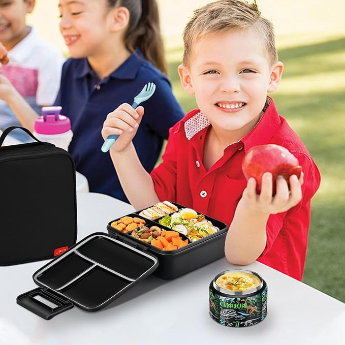 JXXM Bento Lunch Box for Kids With 8oz Soup thermo,Leak-proof Lunch Containers with 5 Compartment,thermo Food Jar and Lunch Bag, Food Containers for School (A-Black(Dinosaur Fossil))