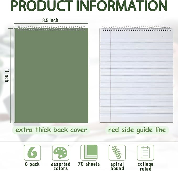 Maitys 12 Pcs Legal Pad Steno Spiral Notebook 8.5 x 11 Inches Top Bound Spiral Pads Hard Cover College Ruled Notepad 70 Sheet Pad Colorful Covers for School Office University Home (Classic Color)